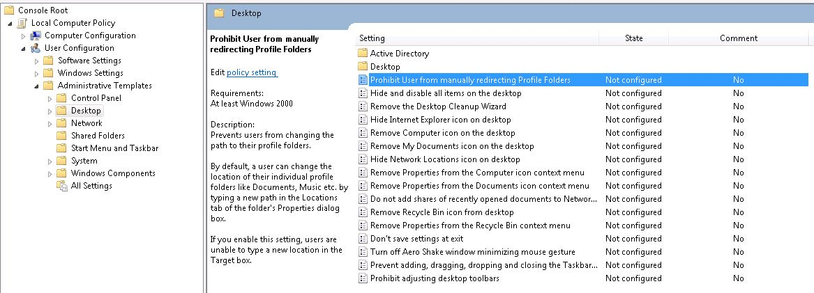 Prohibit User From Manually Redirecting Profile Folders